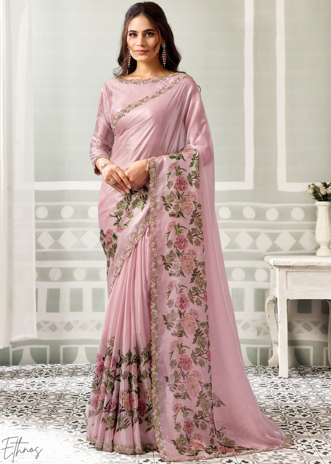 Blossom Pink Garden Print Satin Silk Saree