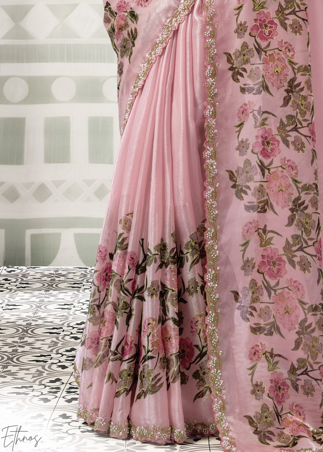 Blossom Pink Garden Print Satin Silk Saree