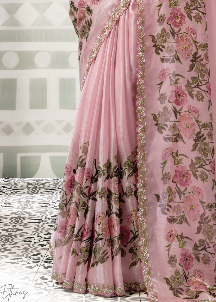 Blossom Pink Garden Print Satin Silk Saree
