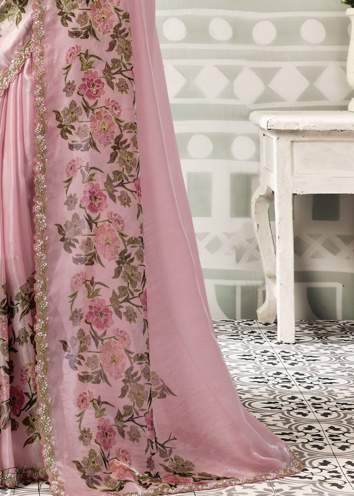 Blossom Pink Garden Print Satin Silk Saree