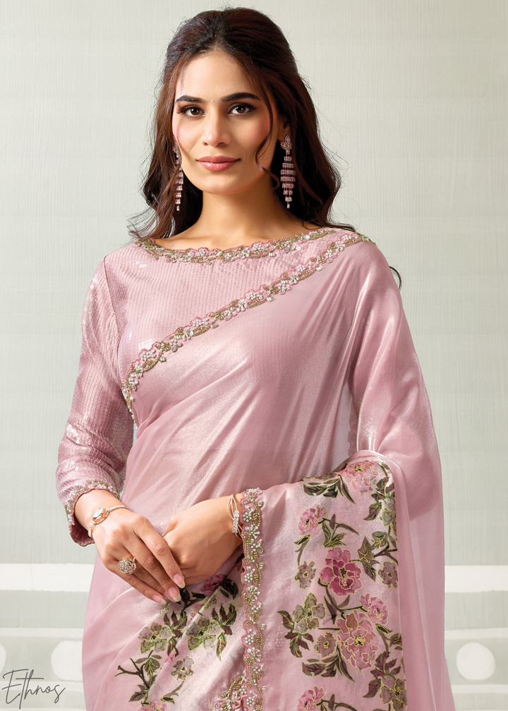 Blossom Pink Garden Print Satin Silk Saree