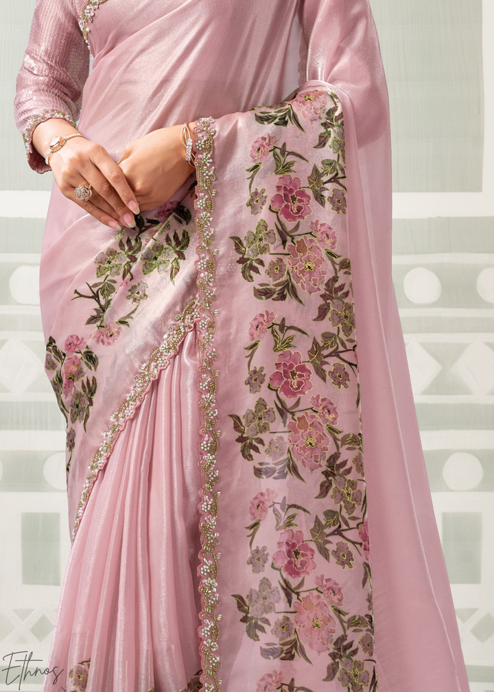 Blossom Pink Garden Print Satin Silk Saree