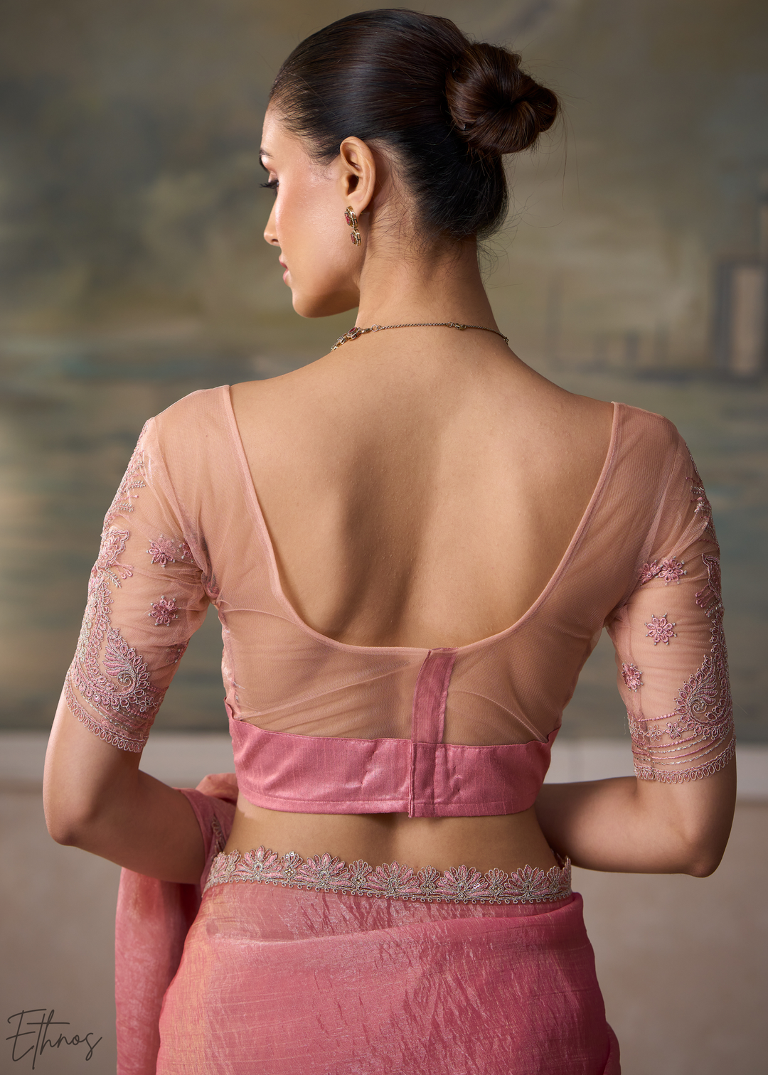 Blossom Pink Ruffle Border Tissue Saree