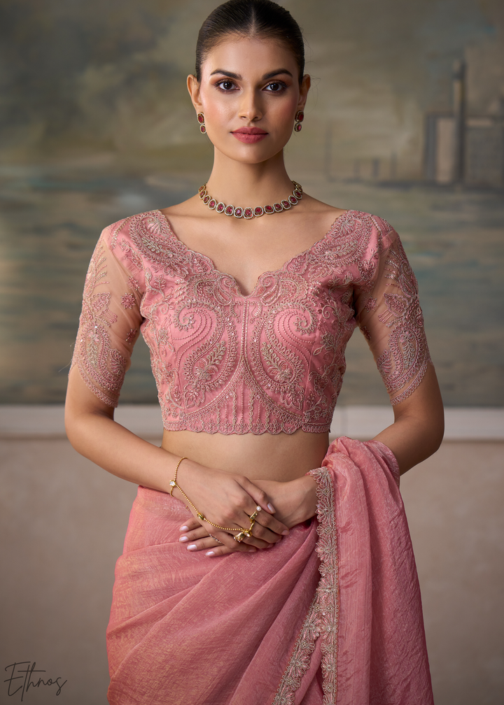 Blossom Pink Ruffle Border Tissue Saree