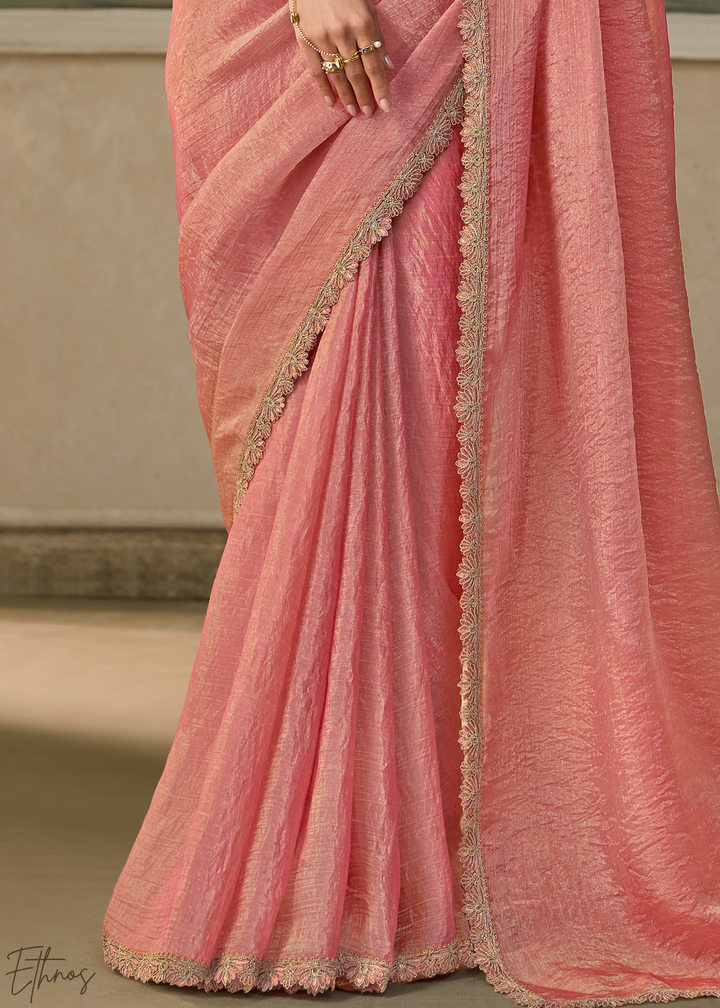 Blossom Pink Ruffle Border Tissue Saree
