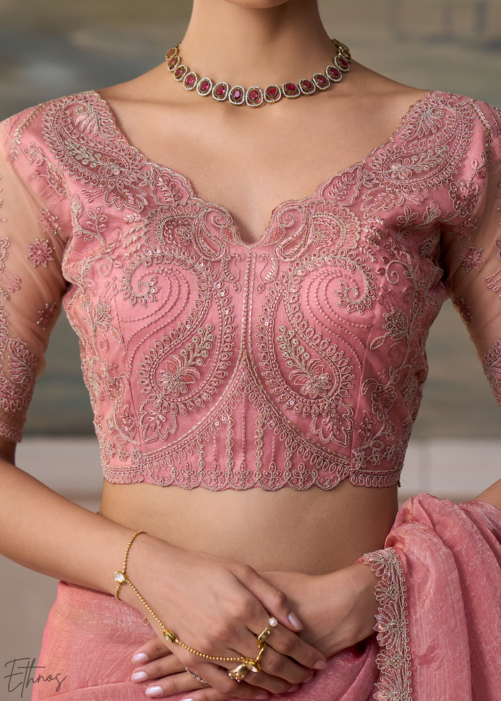 Blossom Pink Ruffle Border Tissue Saree