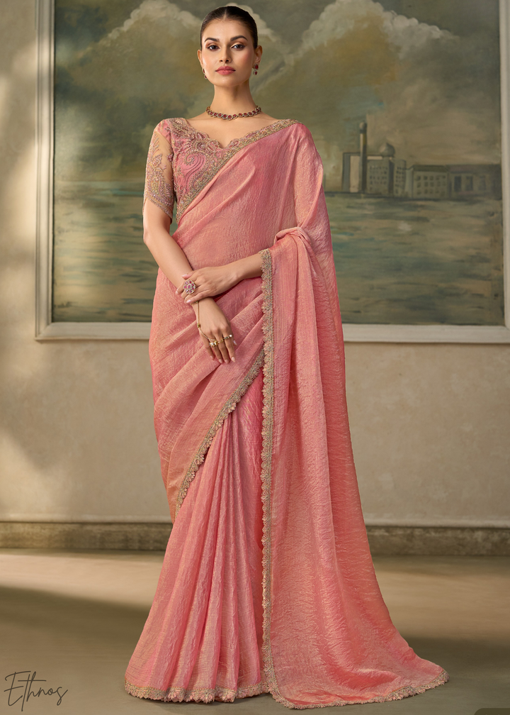 Blossom Pink Ruffle Border Tissue Saree