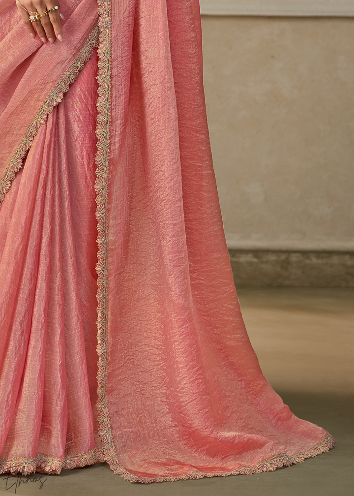 Blossom Pink Ruffle Border Tissue Saree