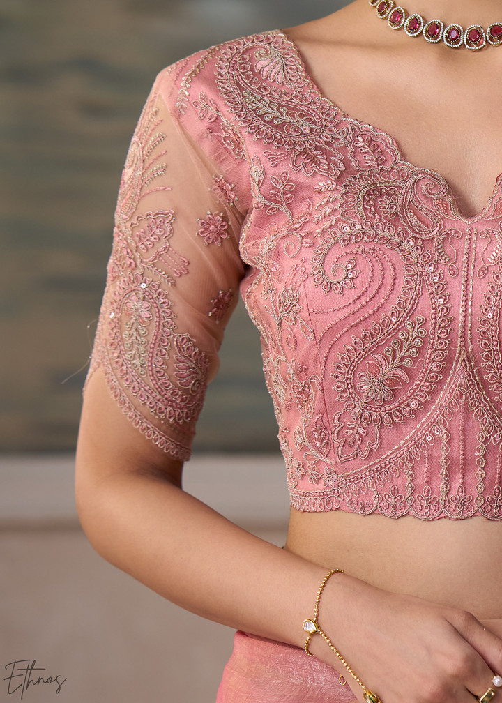 Blossom Pink Ruffle Border Tissue Saree