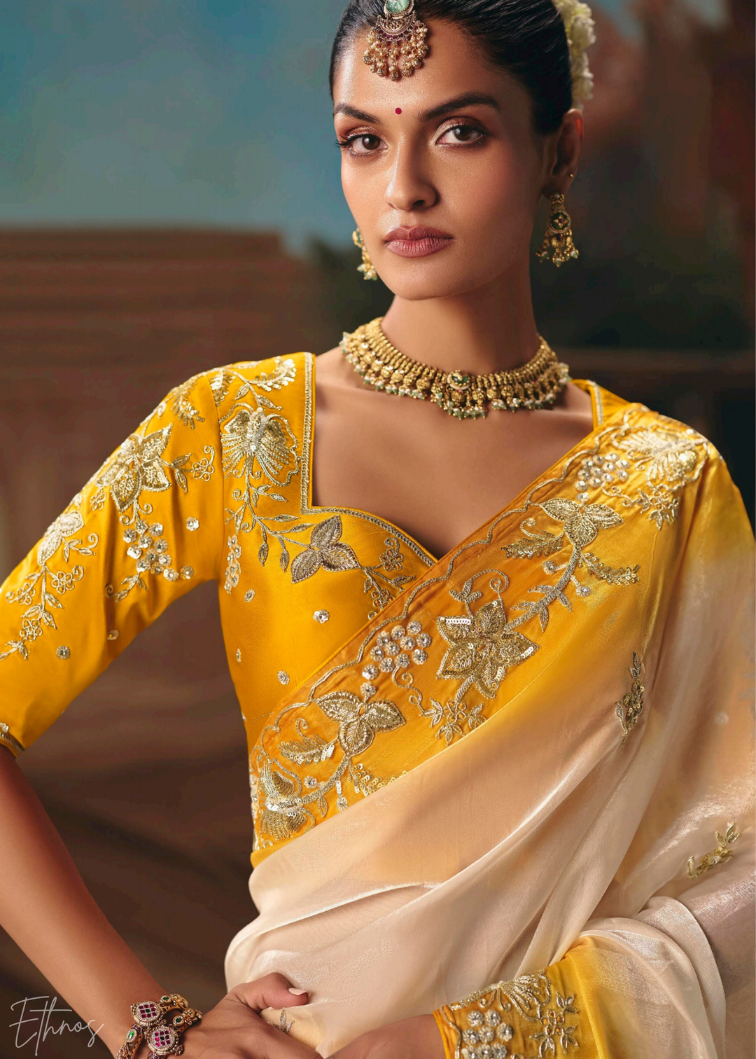 Cream & Yellow Sequins Organza Saree