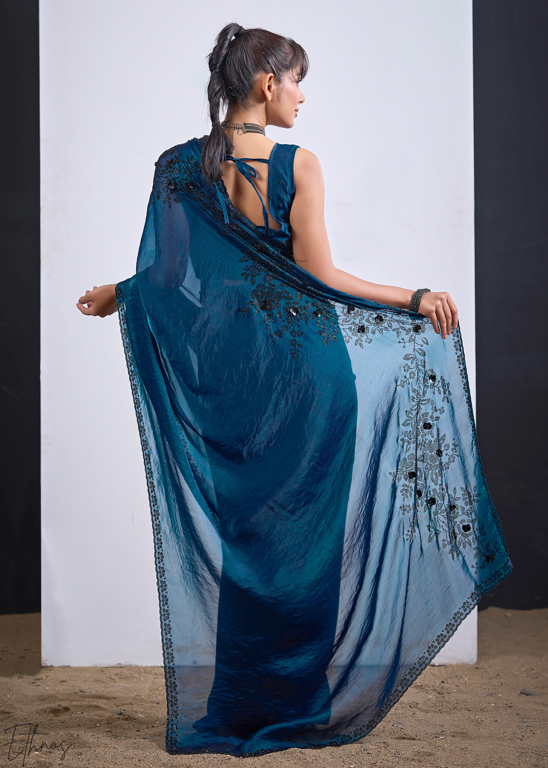 Blue Apatite Floral Swarovski Fendy Satin Silk Saree