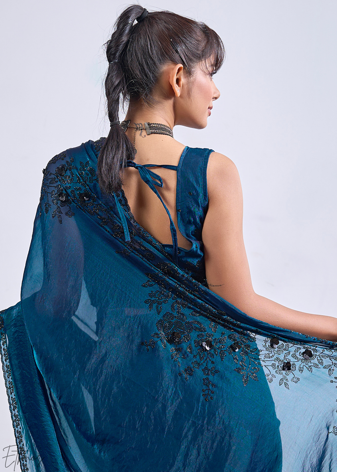 Blue Apatite Floral Swarovski Fendy Satin Silk Saree