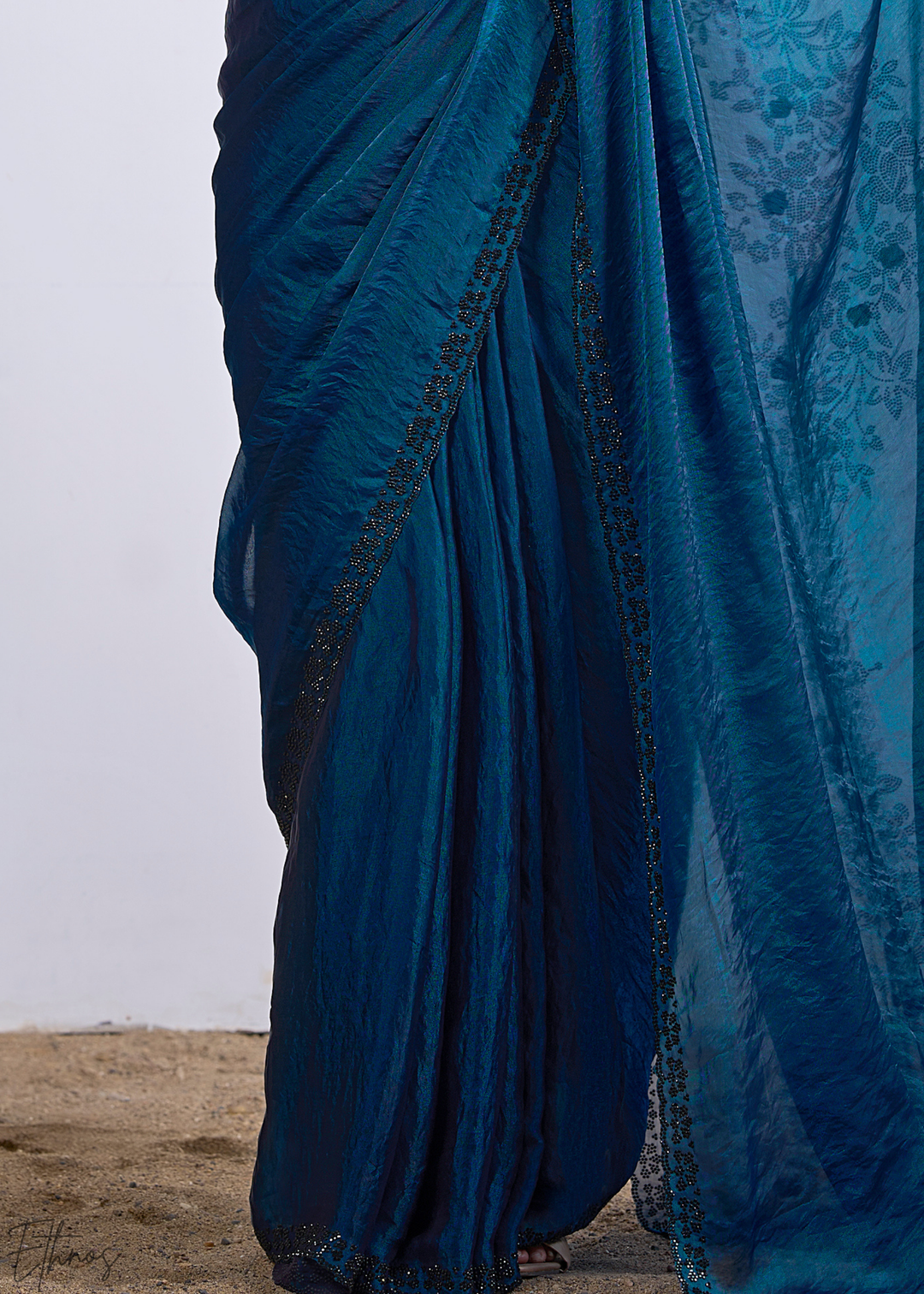 Blue Apatite Floral Swarovski Fendy Satin Silk Saree