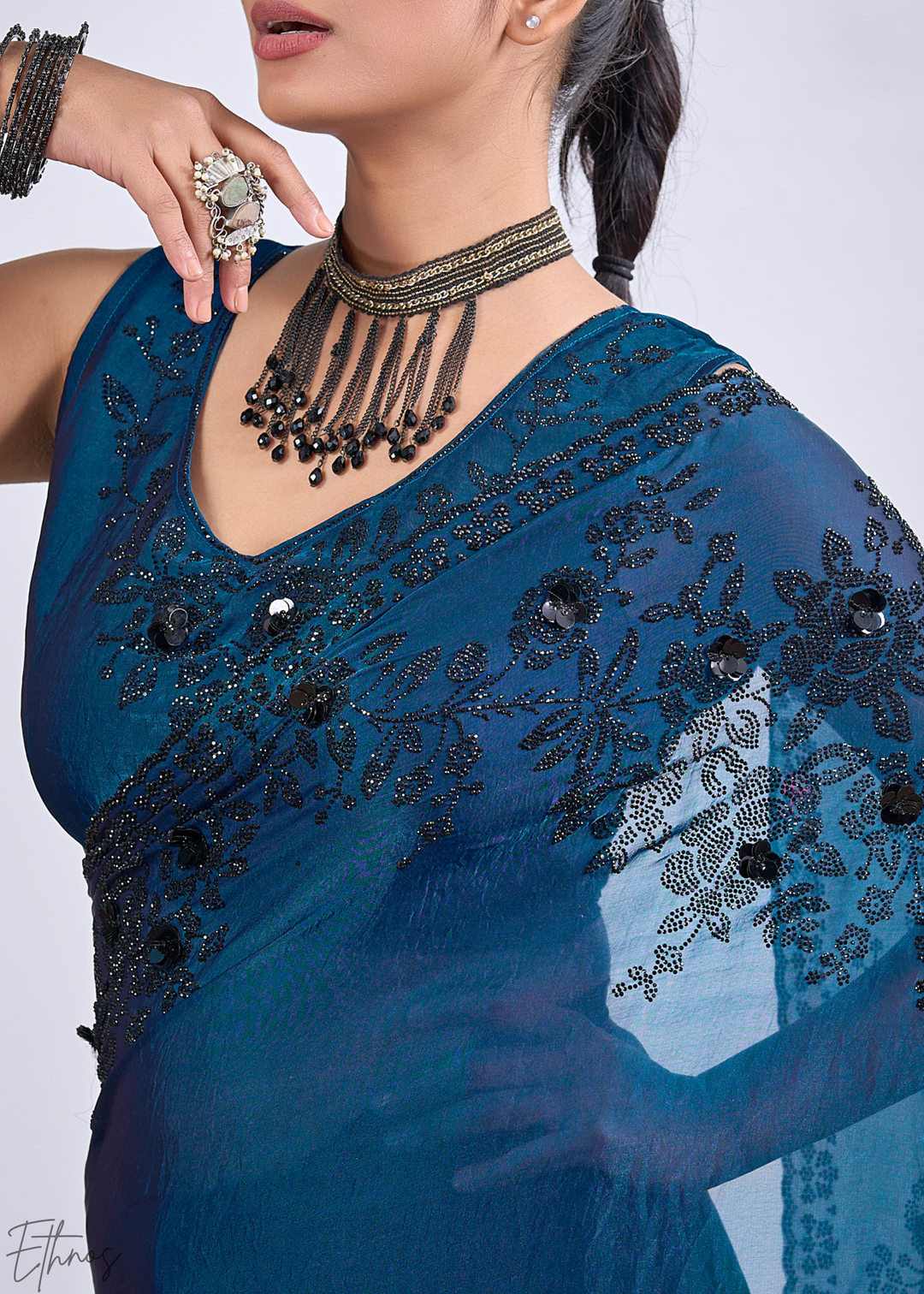 Blue Apatite Floral Swarovski Fendy Satin Silk Saree