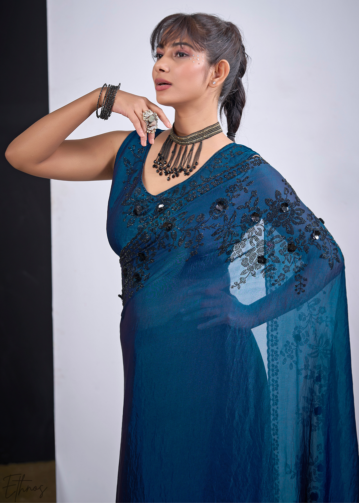 Blue Apatite Floral Swarovski Fendy Satin Silk Saree