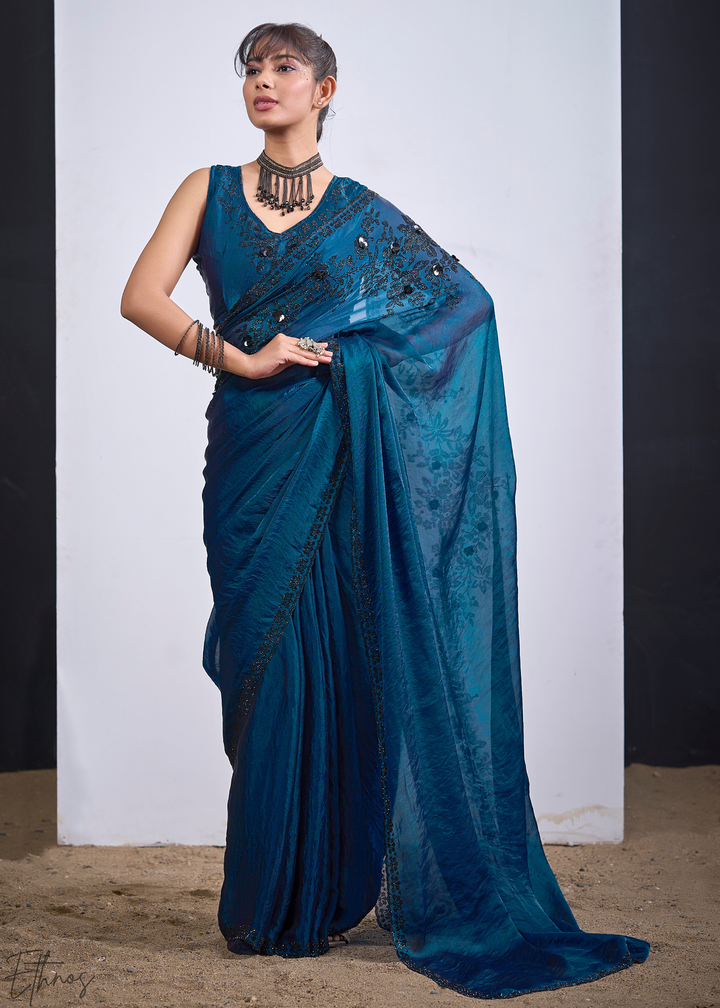 Blue Apatite Floral Swarovski Fendy Satin Silk Saree