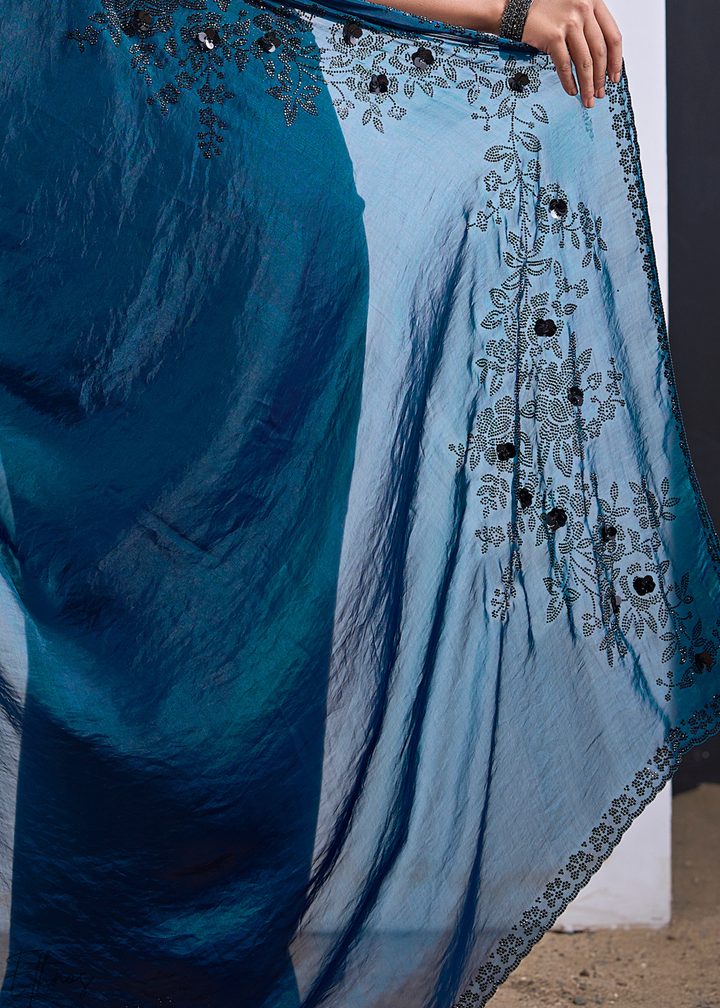 Blue Apatite Floral Swarovski Fendy Satin Silk Saree