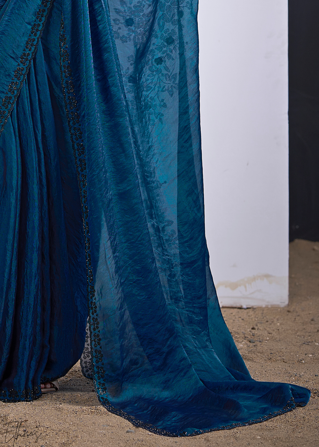 Blue Apatite Floral Swarovski Fendy Satin Silk Saree