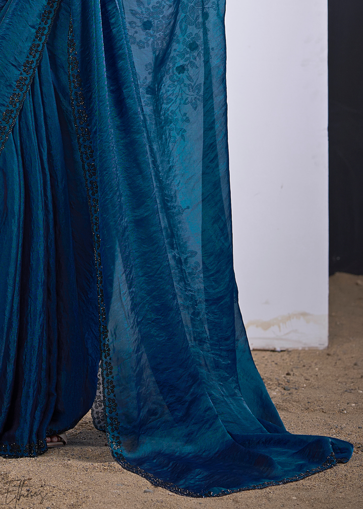 Blue Apatite Floral Swarovski Fendy Satin Silk Saree
