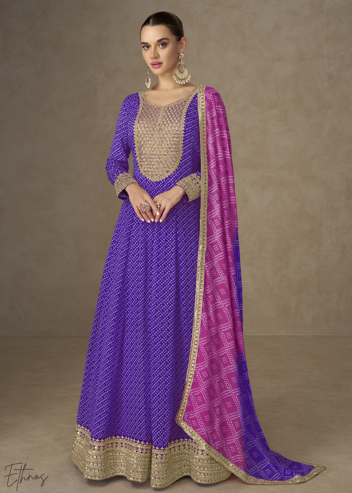 Regal Blue Bandhani Chinon Gown Set