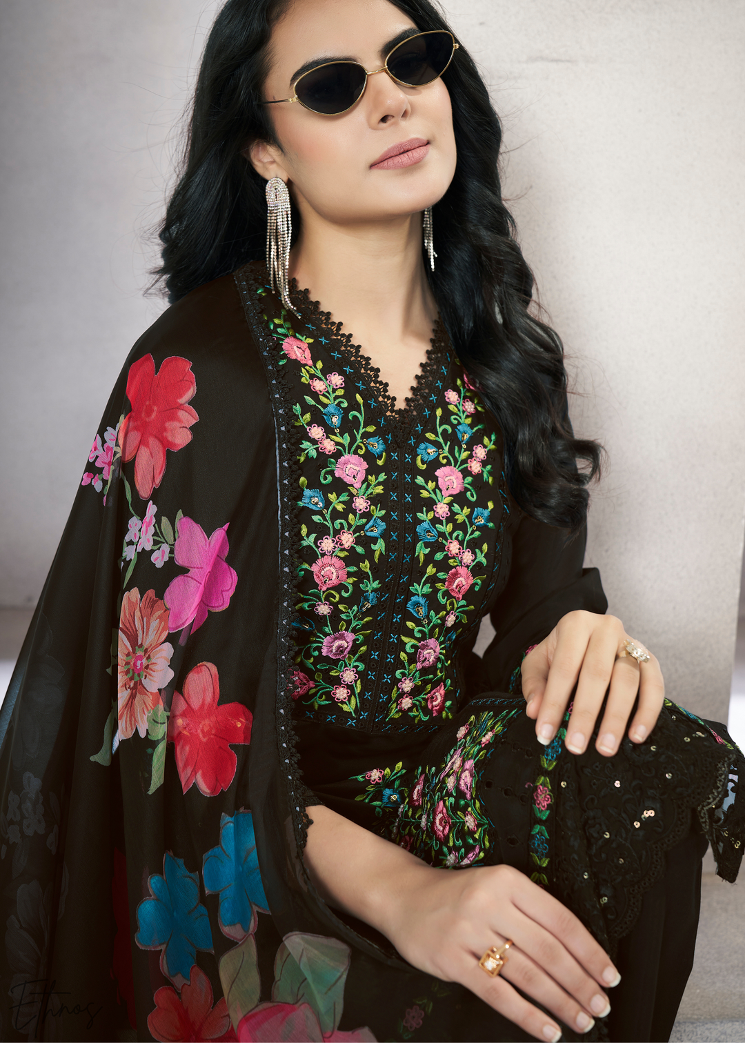 Black Embellished Flora Silk Palazzo Suit