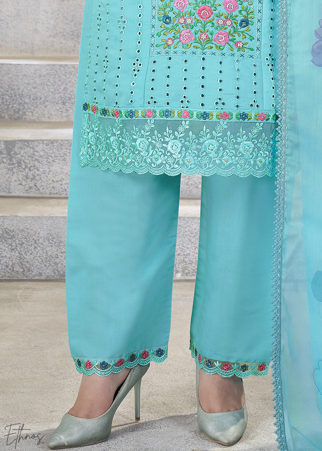 Blue Embellished Flora Silk Palazzo Suit