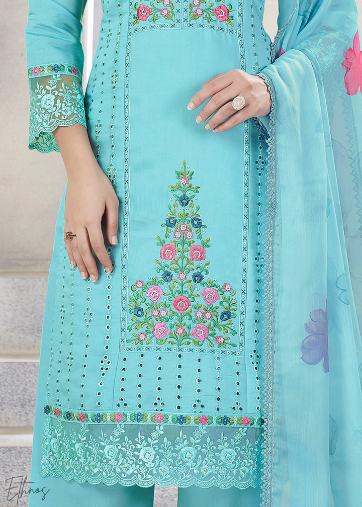 Blue Embellished Flora Silk Palazzo Suit