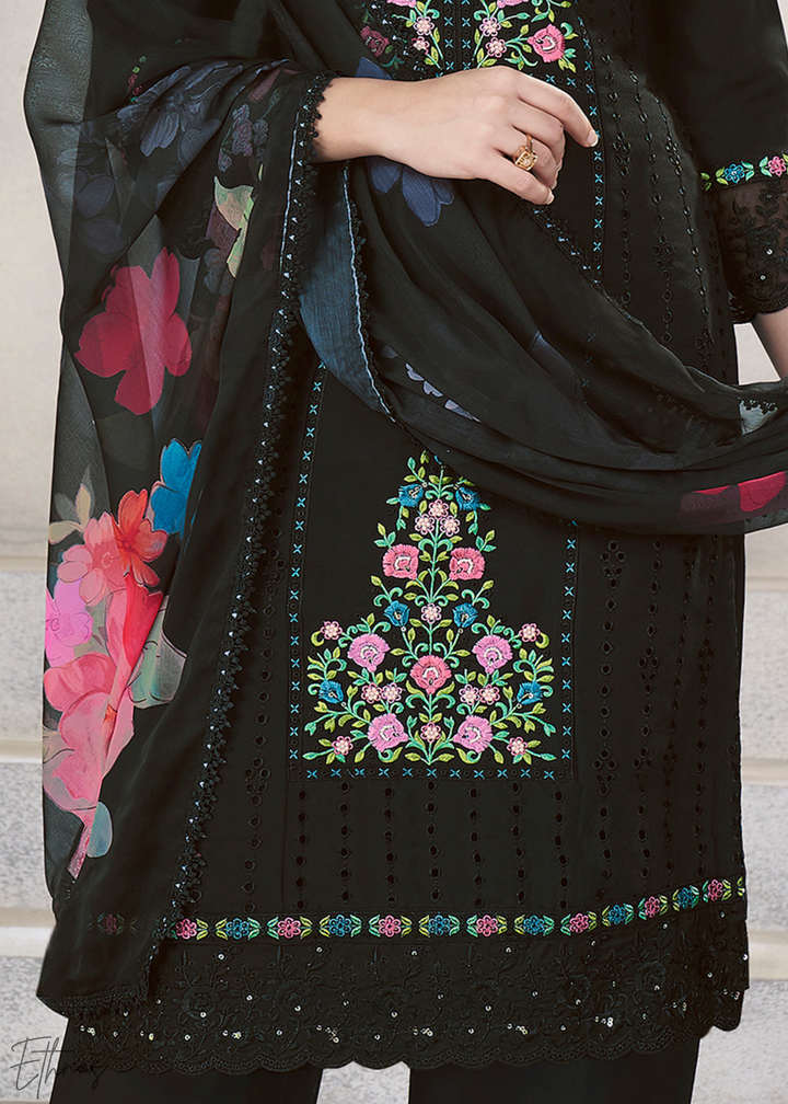 Black Embellished Flora Silk Palazzo Suit