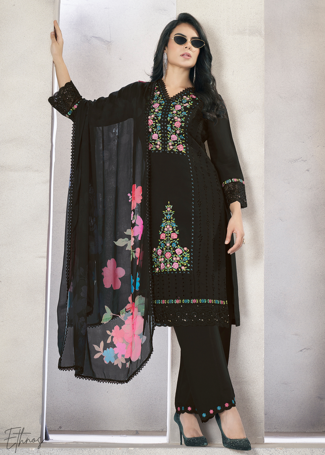 Black Embellished Flora Silk Palazzo Suit
