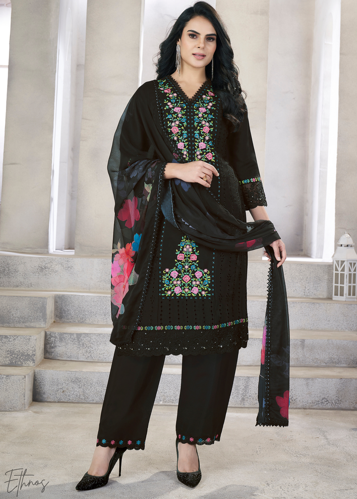 Black Embellished Flora Silk Palazzo Suit