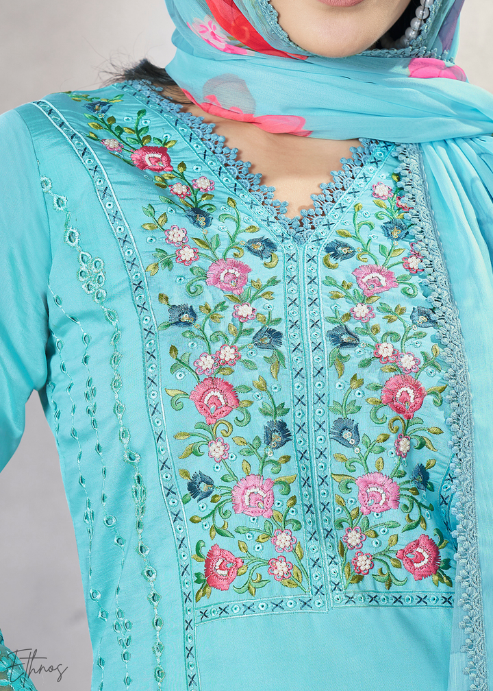 Blue Embellished Flora Silk Palazzo Suit