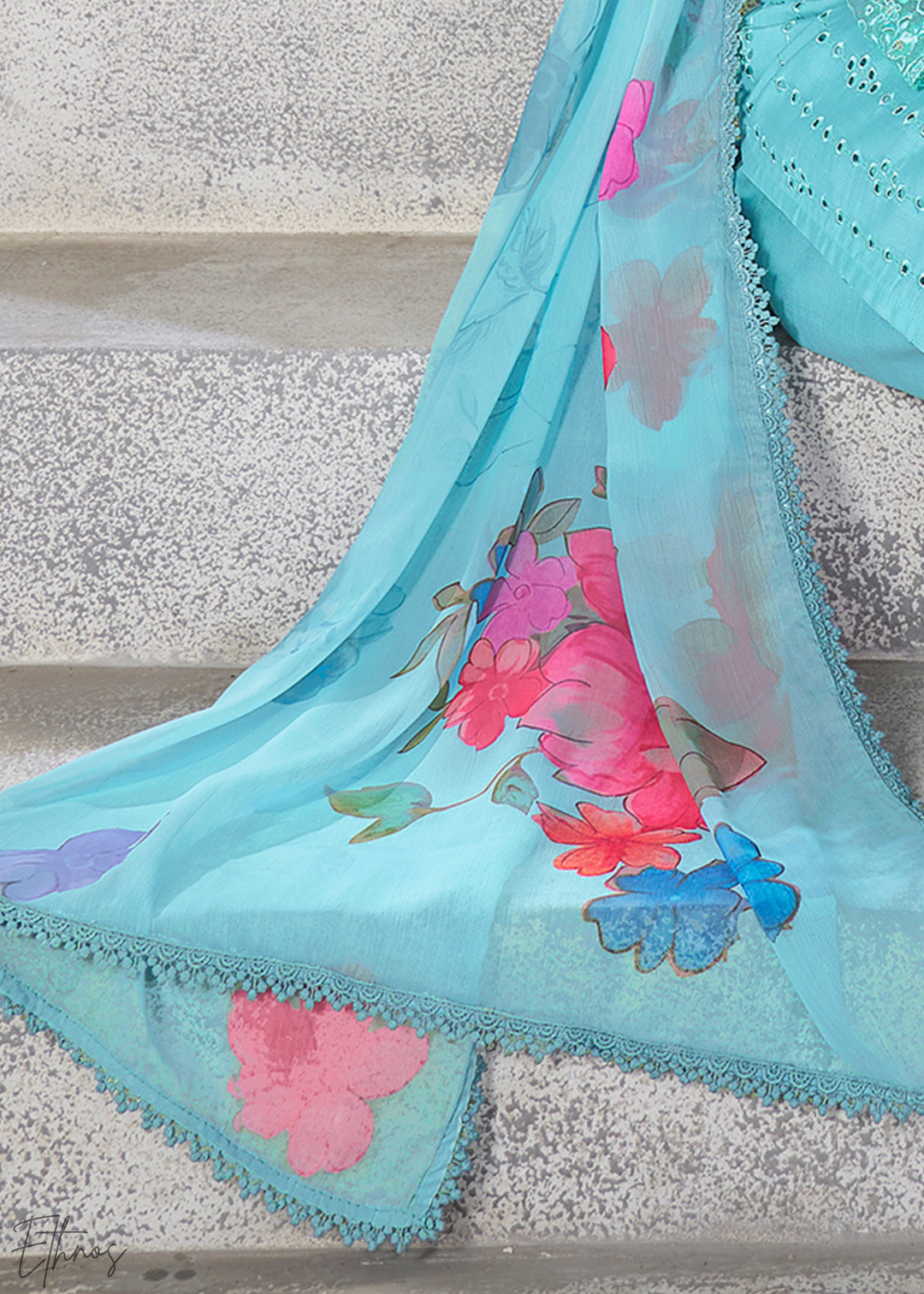 Blue Embellished Flora Silk Palazzo Suit