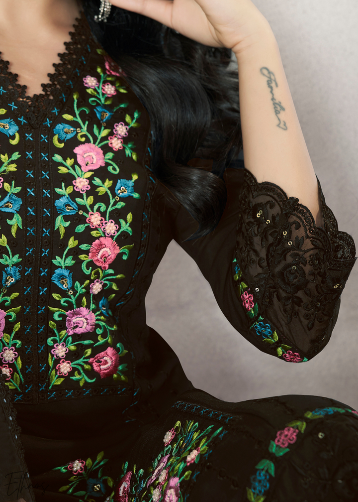 Black Embellished Flora Silk Palazzo Suit