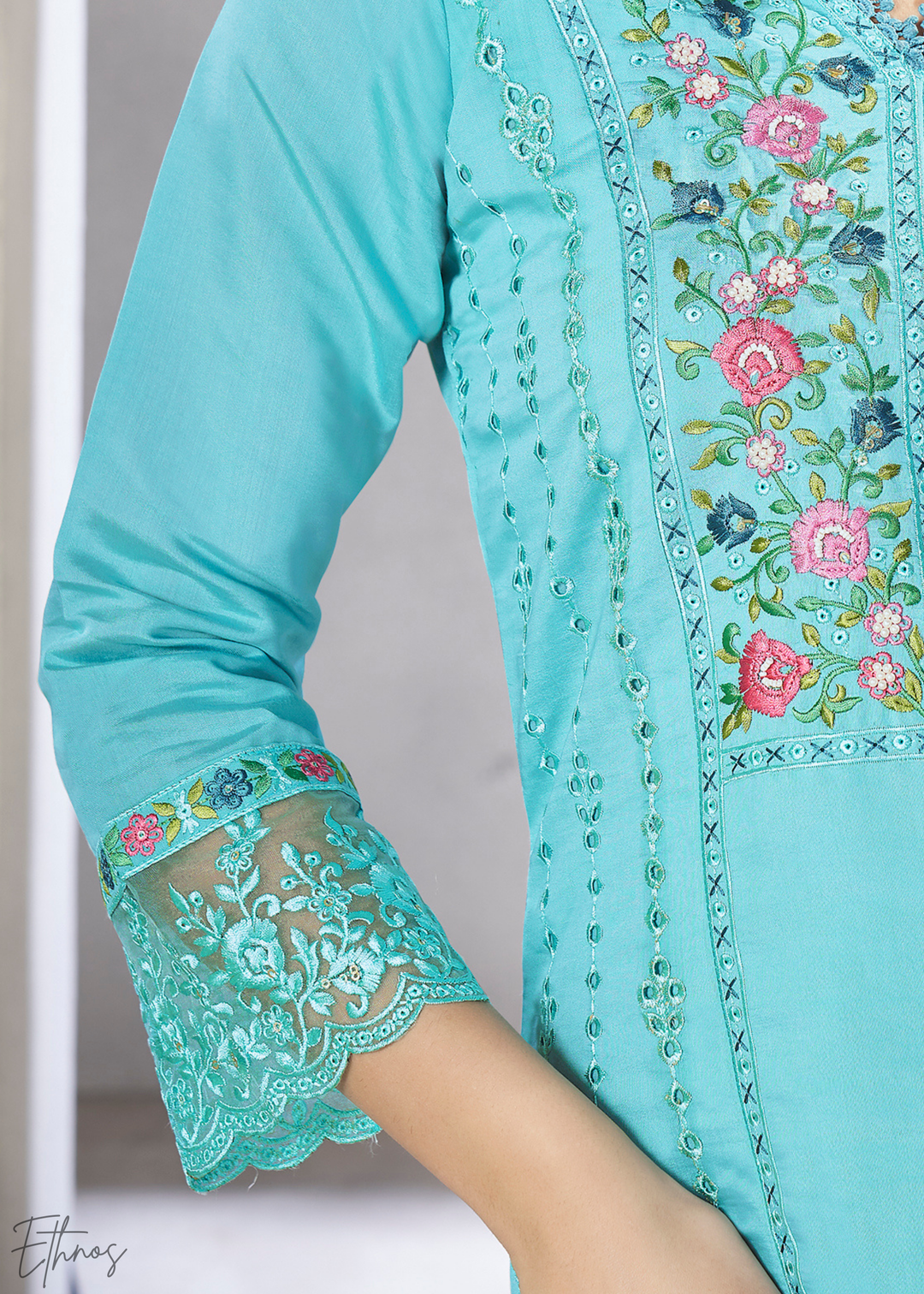 Blue Embellished Flora Silk Palazzo Suit