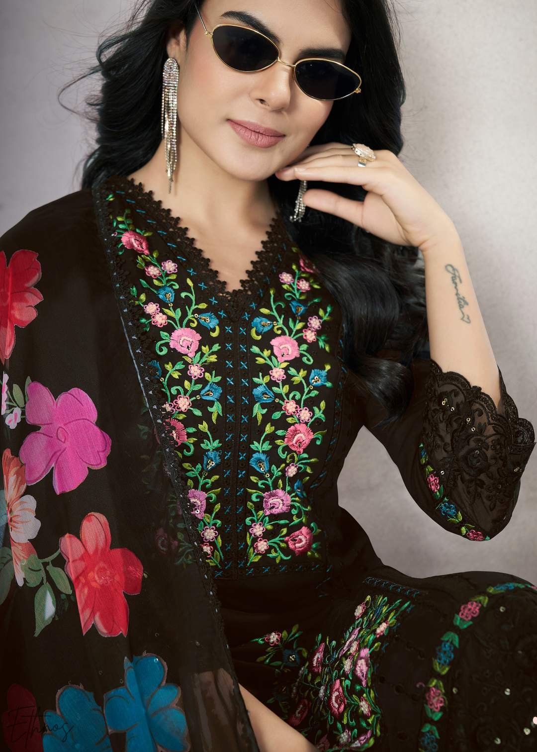 Black Embellished Flora Silk Palazzo Suit