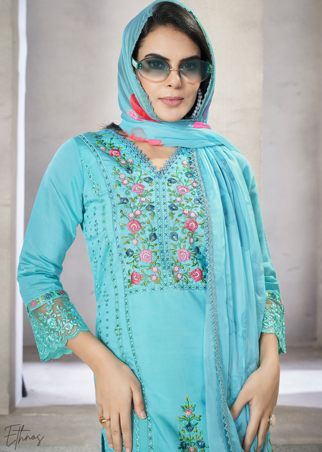 Blue Embellished Flora Silk Palazzo Suit