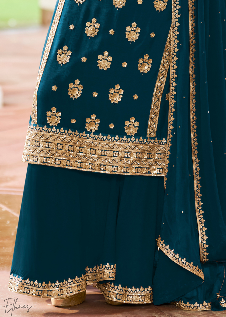 Blue Embroidered Chinon Palazzo Suit