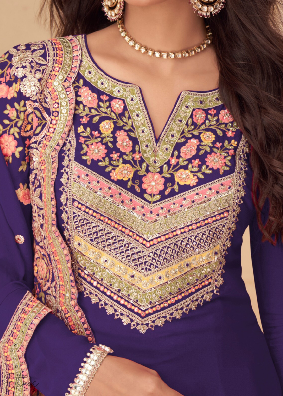 Blue Embroidered Chinon Palazzo Suit