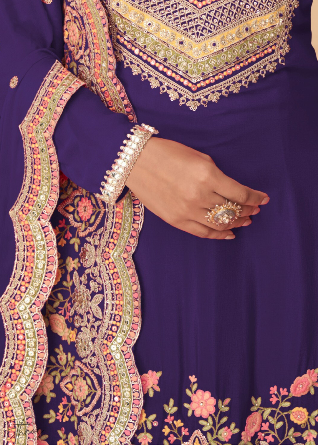 Blue Embroidered Chinon Palazzo Suit