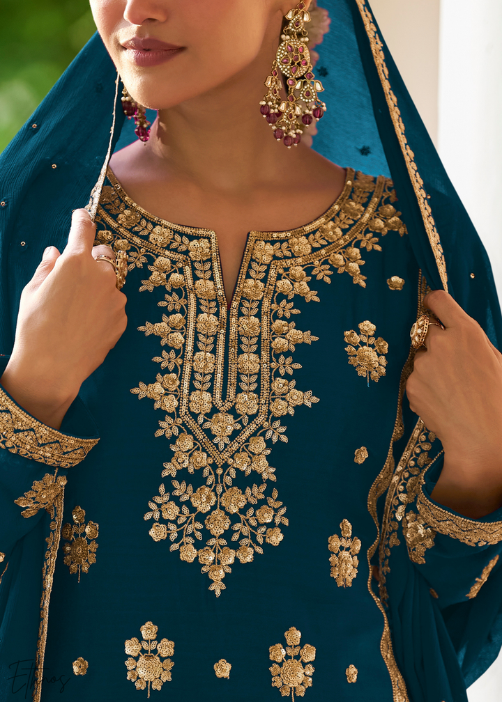 Blue Embroidered Chinon Palazzo Suit