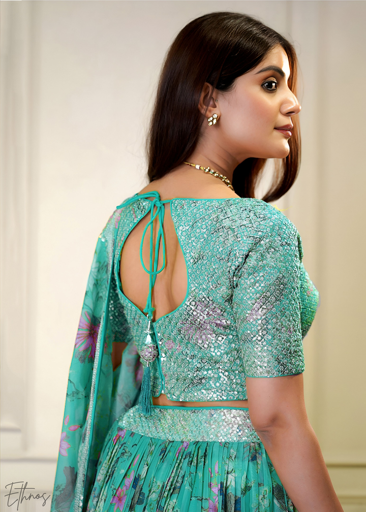 Blue Botanical Bloom Organza Lehenga