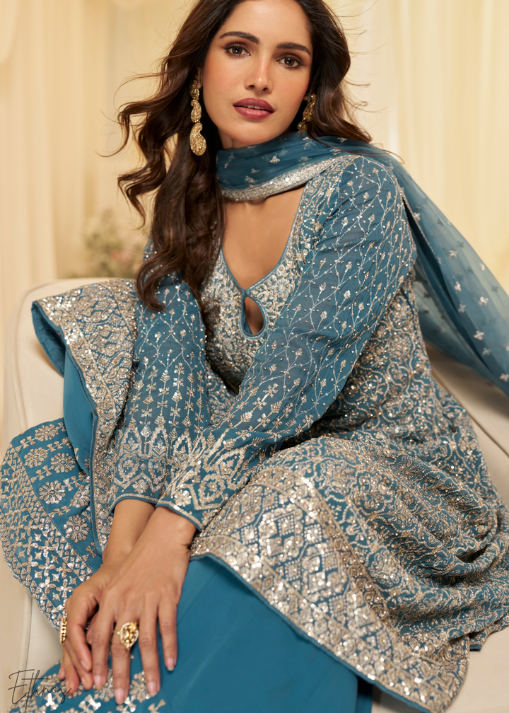 Blue Georgette Anarkali Palazzo Suit