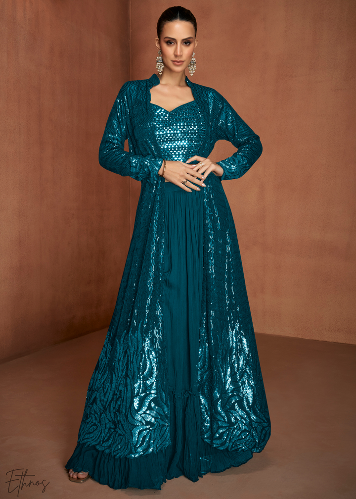 Blue Georgette Jacket Choli Palazzo Suit