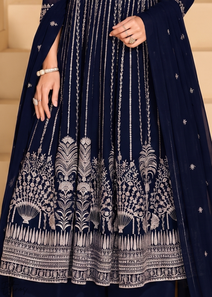 Midnight Blue Linear-Embroidered Georgette Palazzo Suit