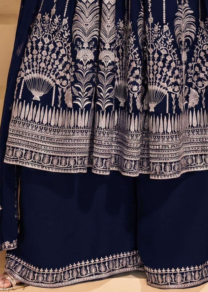 Midnight Blue Linear-Embroidered Georgette Palazzo Suit