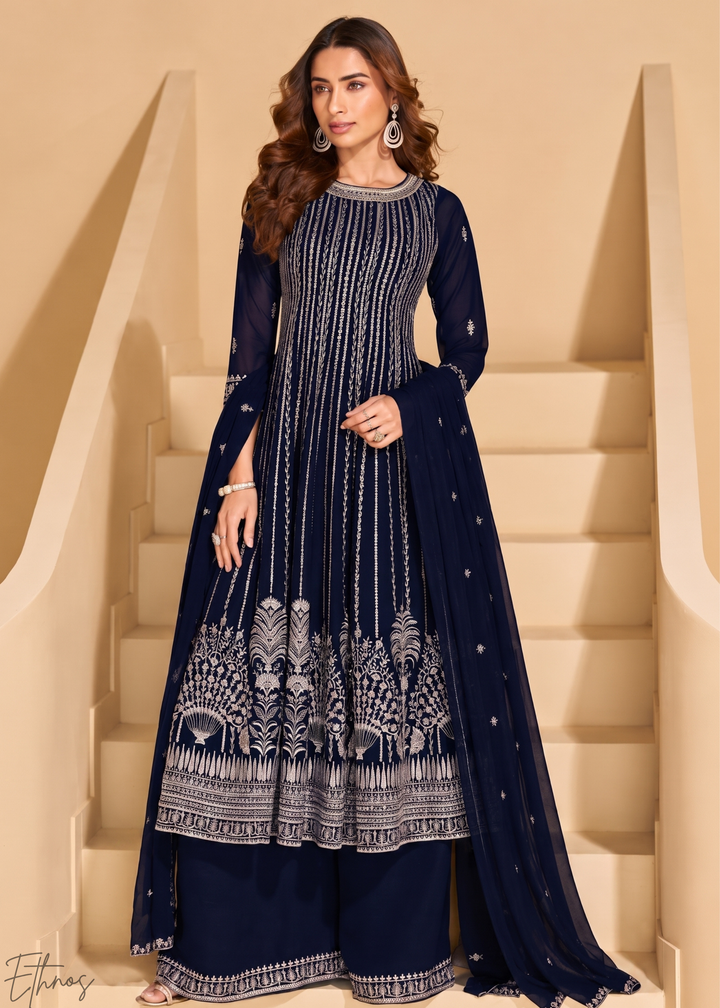 Midnight Blue Linear-Embroidered Georgette Palazzo Suit