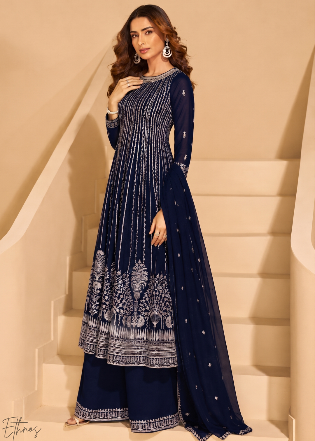 Midnight Blue Linear-Embroidered Georgette Palazzo Suit