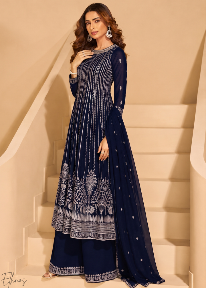Midnight Blue Linear-Embroidered Georgette Palazzo Suit