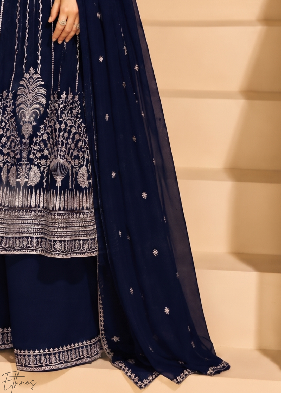Midnight Blue Linear-Embroidered Georgette Palazzo Suit