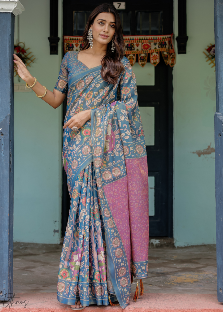 Blue Royal Heritage Cotton Linen Saree